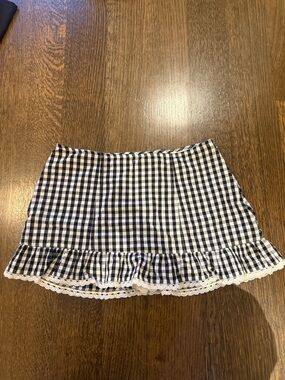 Kimchi Blue Navy & White Gingham Ruffle Mini Skirt with Lace Trim